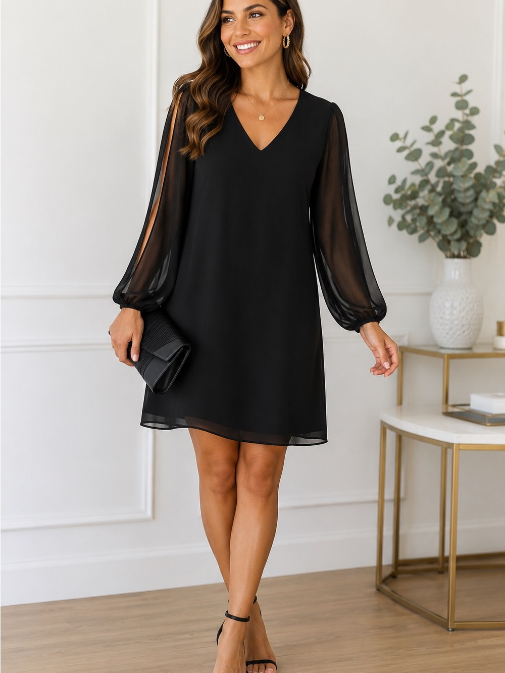 Lulus Black Chiffon Split-Sleeve Shift Dress – NWT Size Medium‎